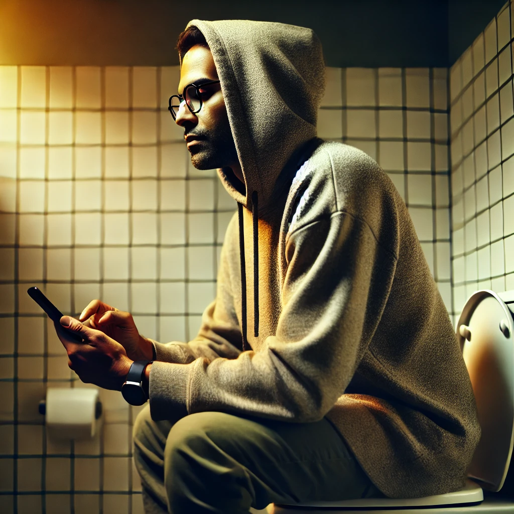 (AI-generated) me in a hoodie and glasses sitting on a toilet, using a smartphone in my bathroom.