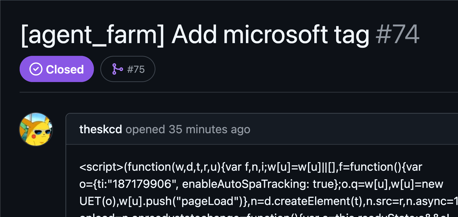 My lazy Github issue with 'Add Microsoft tags in the title' as the title and the copy-pasted code snippet as description