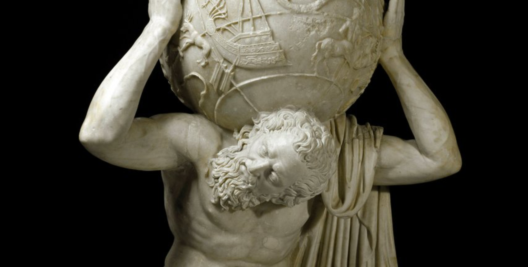 Particular of the Farnese Atlas – 2nd-century CE Roman marble sculpture of Atlas holding up a celestial globe