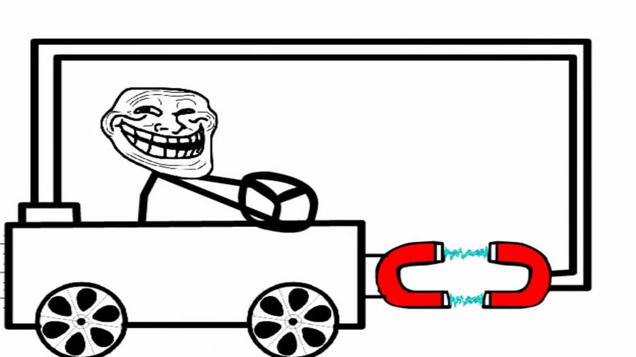 Troll physics - a car with a magnet being pulled forward towards a magnet in front of it. The pulling magnet is attached to an arm that links back to... the car