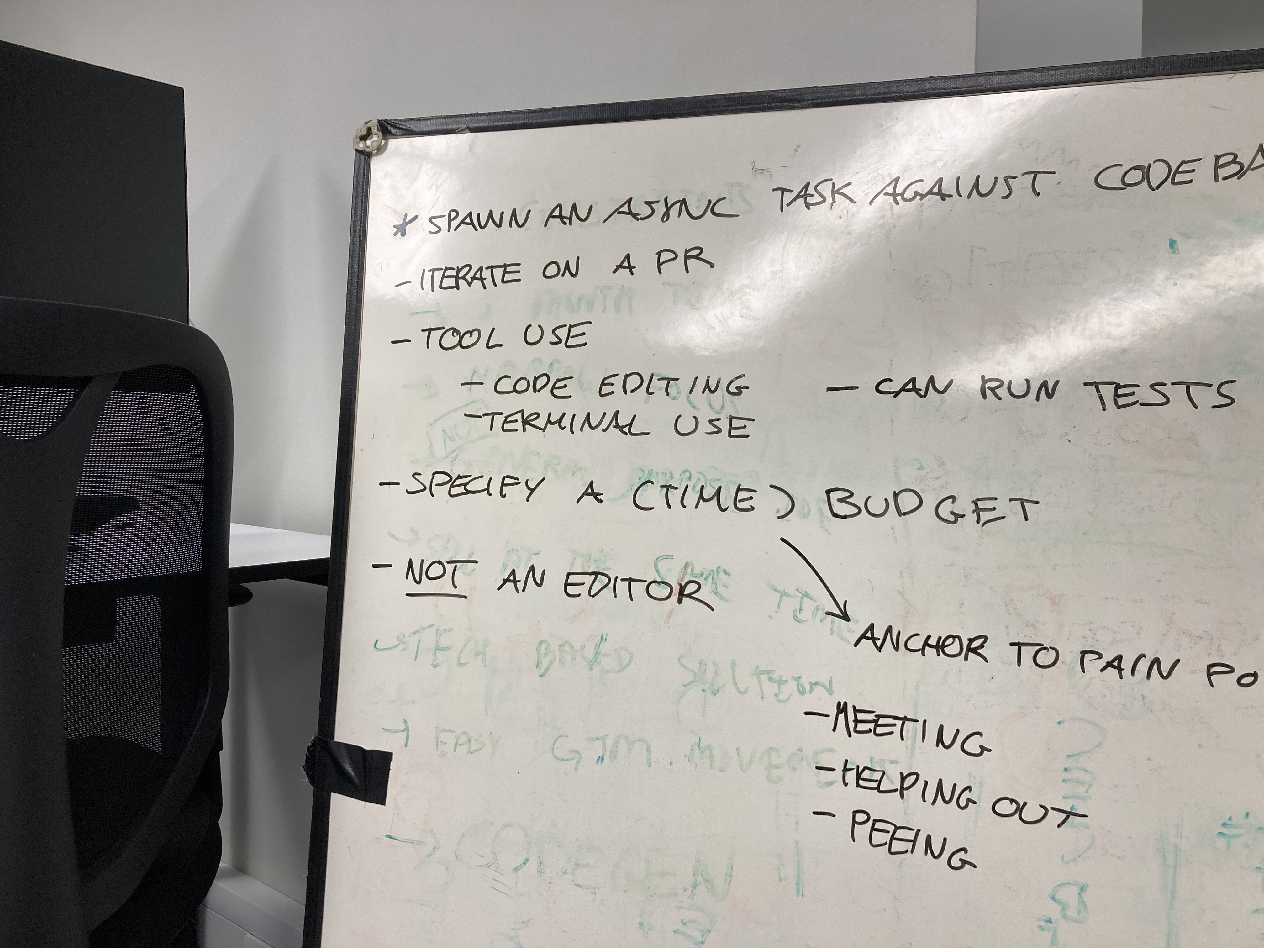 Some points we had on the whiteboard for our MVP: spawn an async task against your codebase, iterate on a PR, tool use for agents, time budget.